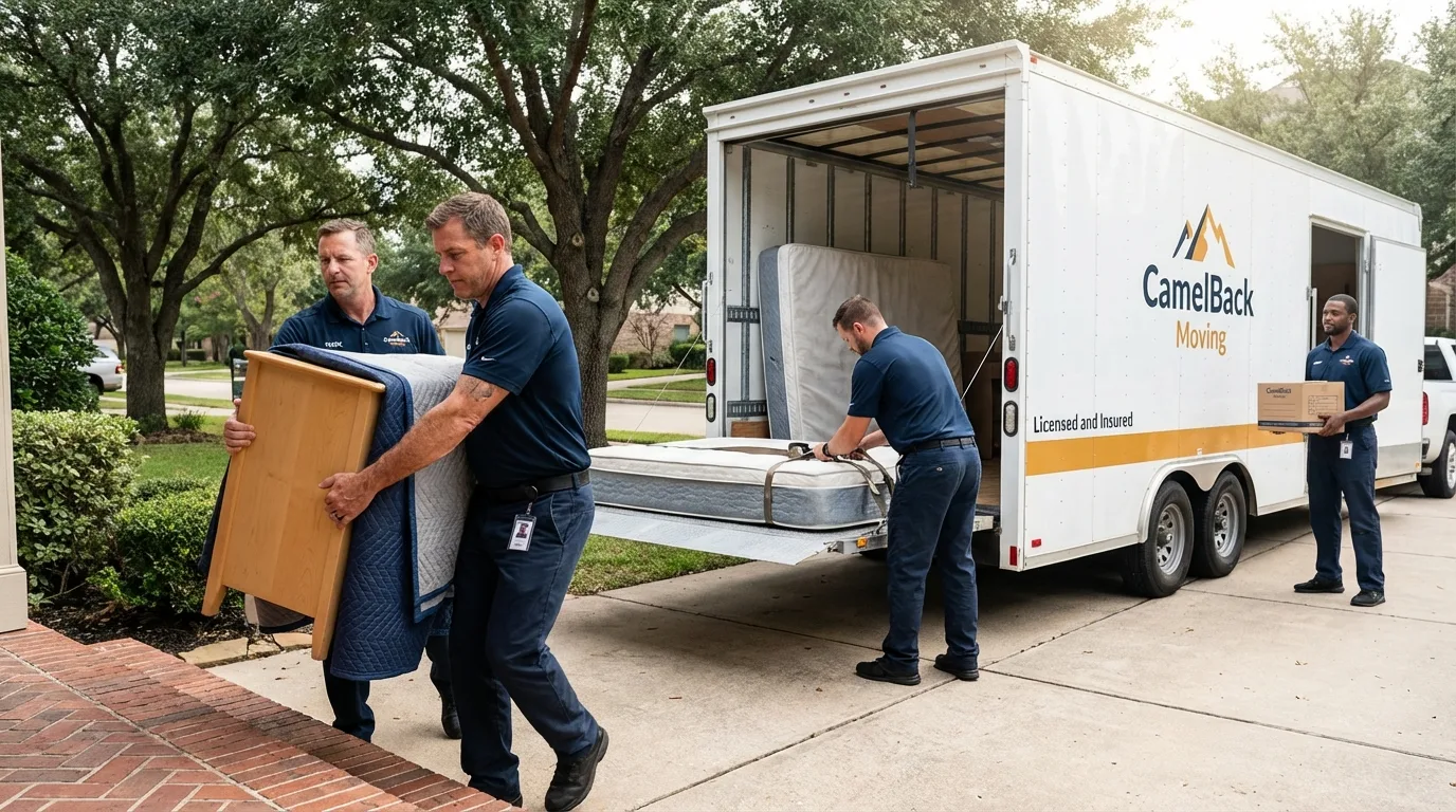 Crew loading residential truck for cross-state move from Haslet, TX