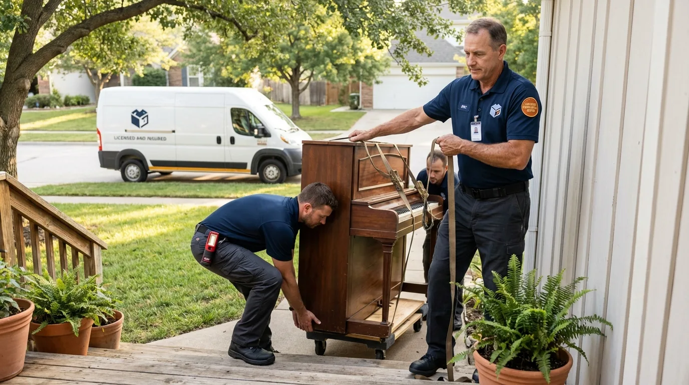 Licensed piano movers securing grand piano in Haslet, TX