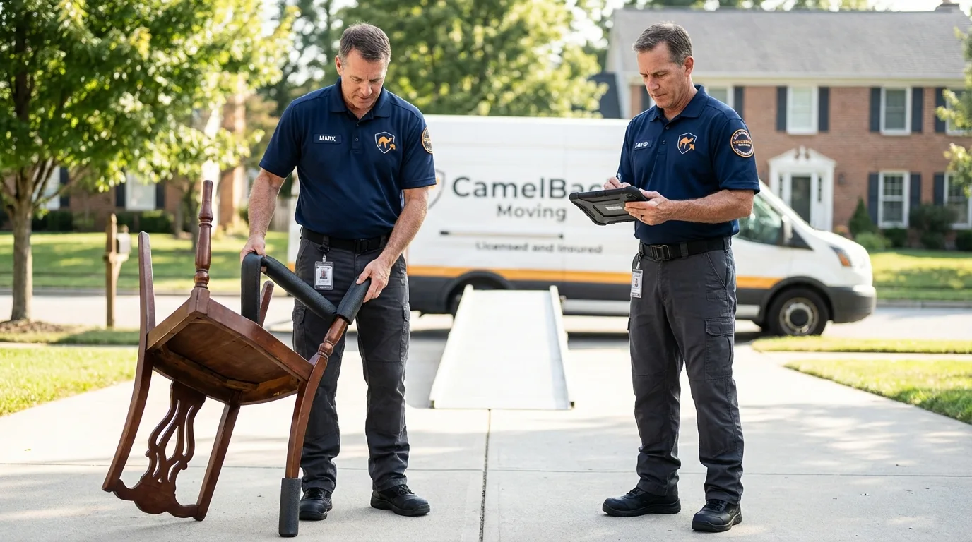 Movers inspecting furniture for damage prevention before loading in Haslet, TX